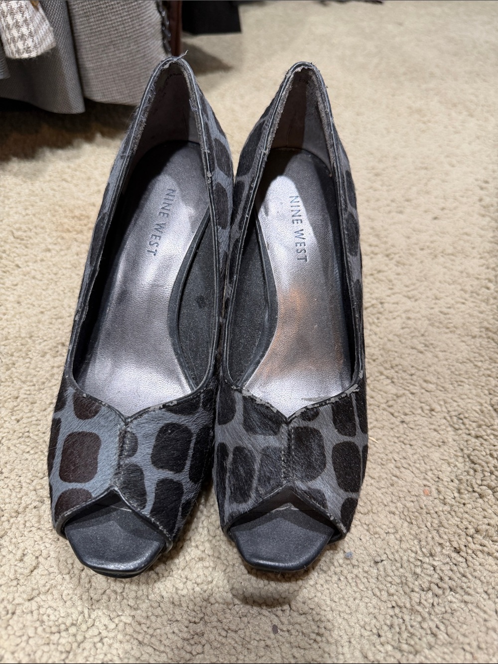 Nine West Black and Gray Leopard Peep-Toe Pumps